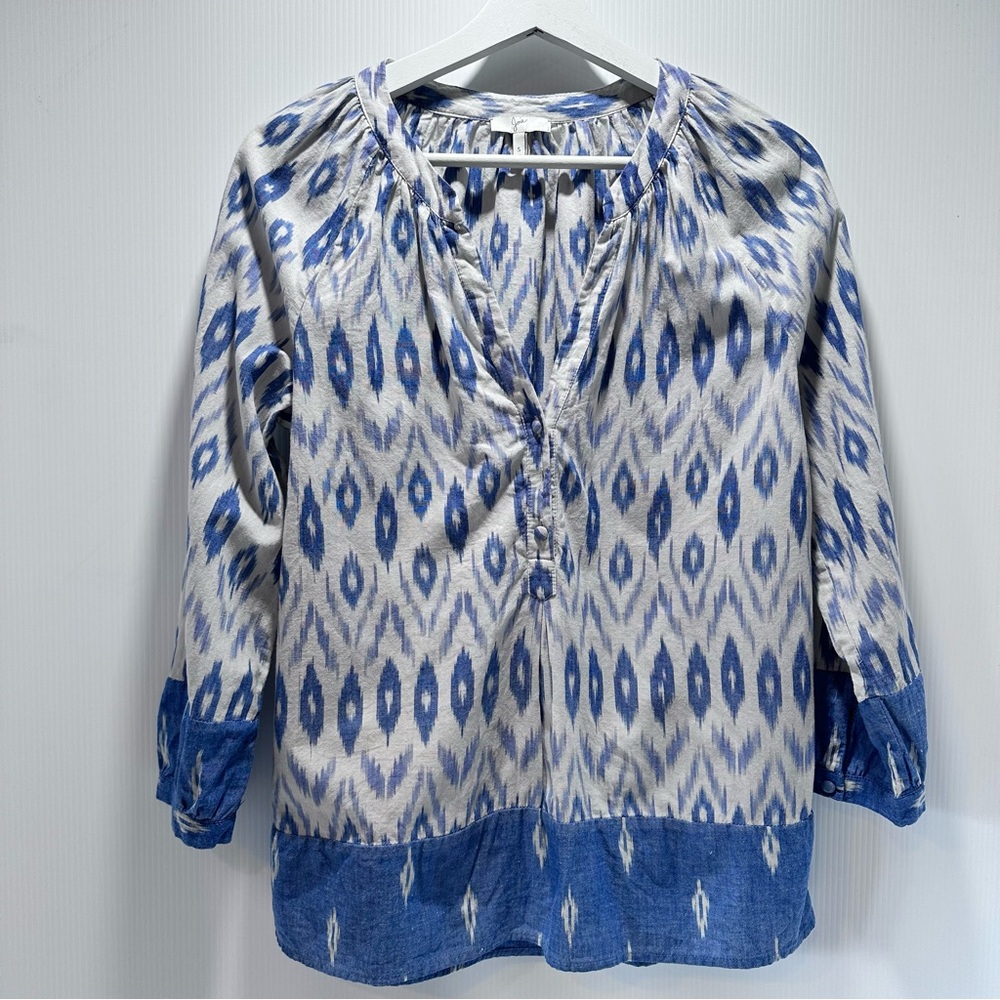 Joie Porcelain Ikat Print V-Neck Tunic Top Women’s Size S Blue White Cotton